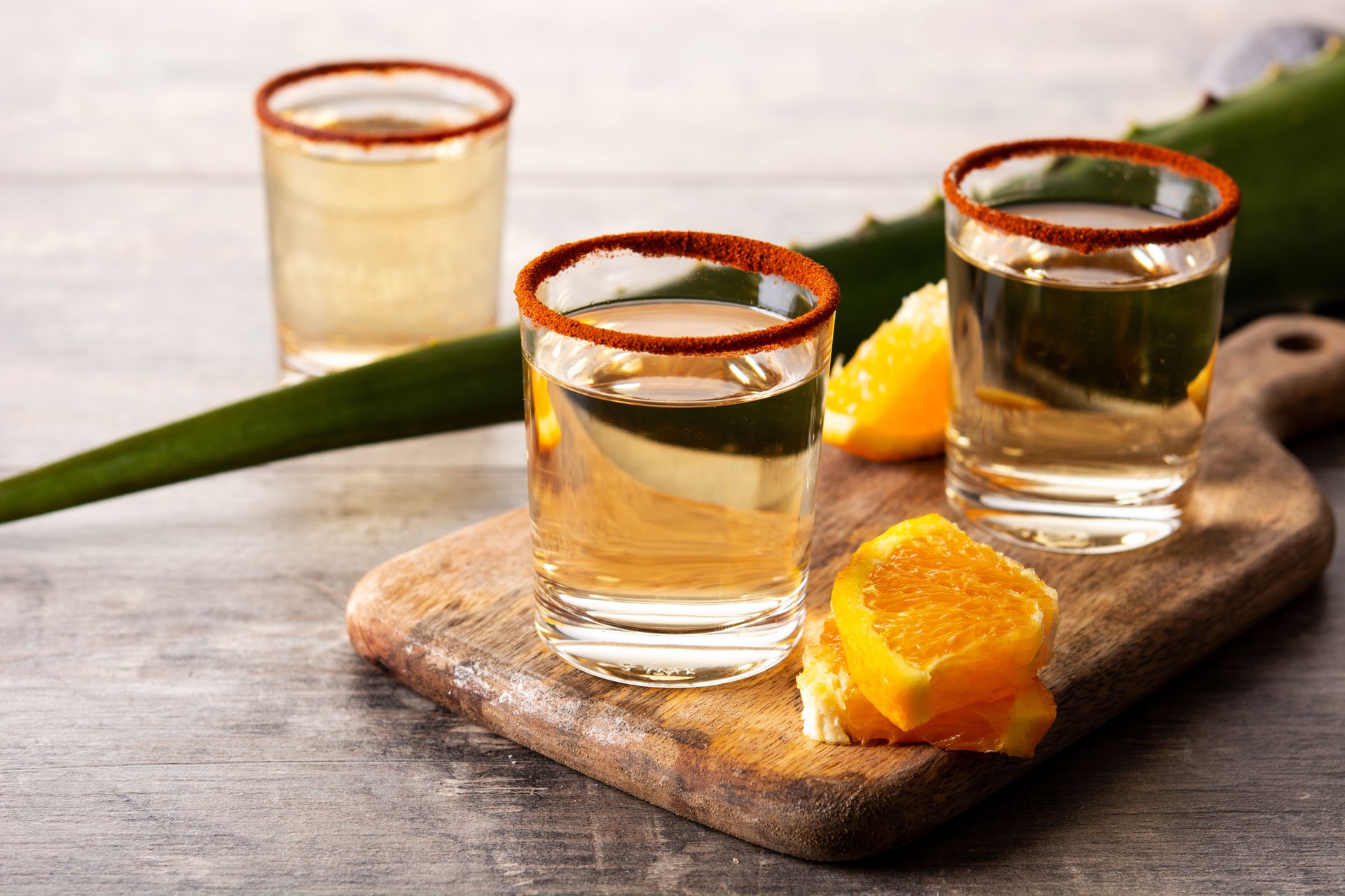 Mezcal Mexican drink with orange slices and worm salt